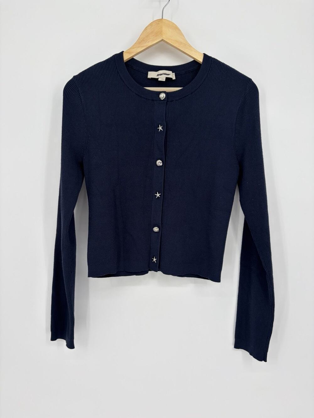 LOFT Navy Ribbed Cardigan Sweater L Seashell Starfish Button Cropped Coastal